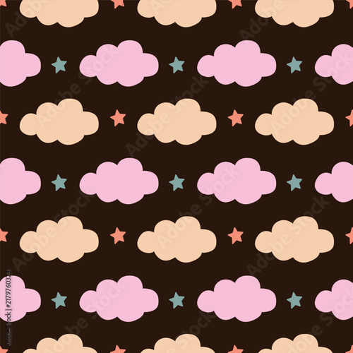 Night sky seamless pattern background with clouds and tiny stars