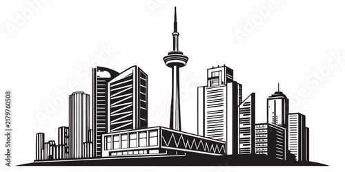 Skyline with iconic landmarks, cityscape silhouette, black and white buildings