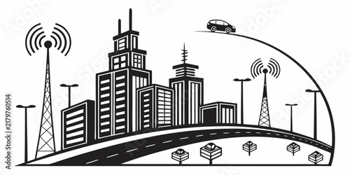 Skyscrapers silhouette with radio tower and satellite dish cityscape