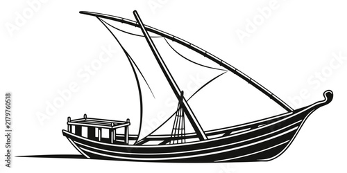 Traditional wooden sailboat with intricate rigging on white background, wooden boat