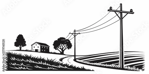 Black and white vector illustration of a windmill on a hill with a house and trees in the background