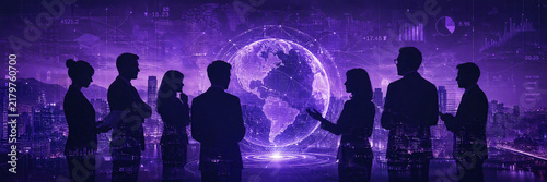 Business professionals discussing global strategy with digital network
