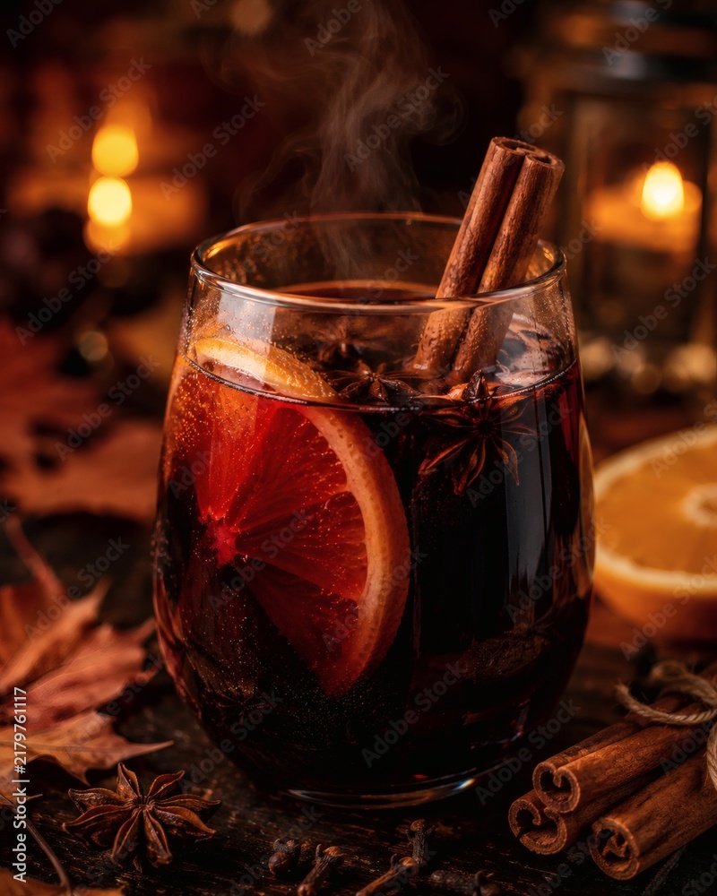 Fototapeta premium Hot Mulled Wine With Orange Cinnamon and Star Anise by Candlelight