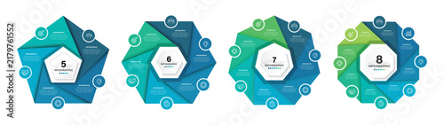 Venn diagram infographic icon set. Process chart, cycle diagram for business presentation. Venn diagram infographic chart template for business 5-8 parts. Vector illustration.