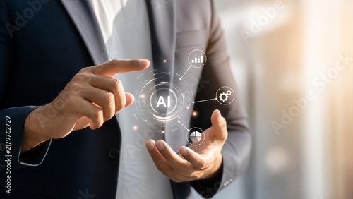 Businessman interacting with AI digital interface for business technology innovation