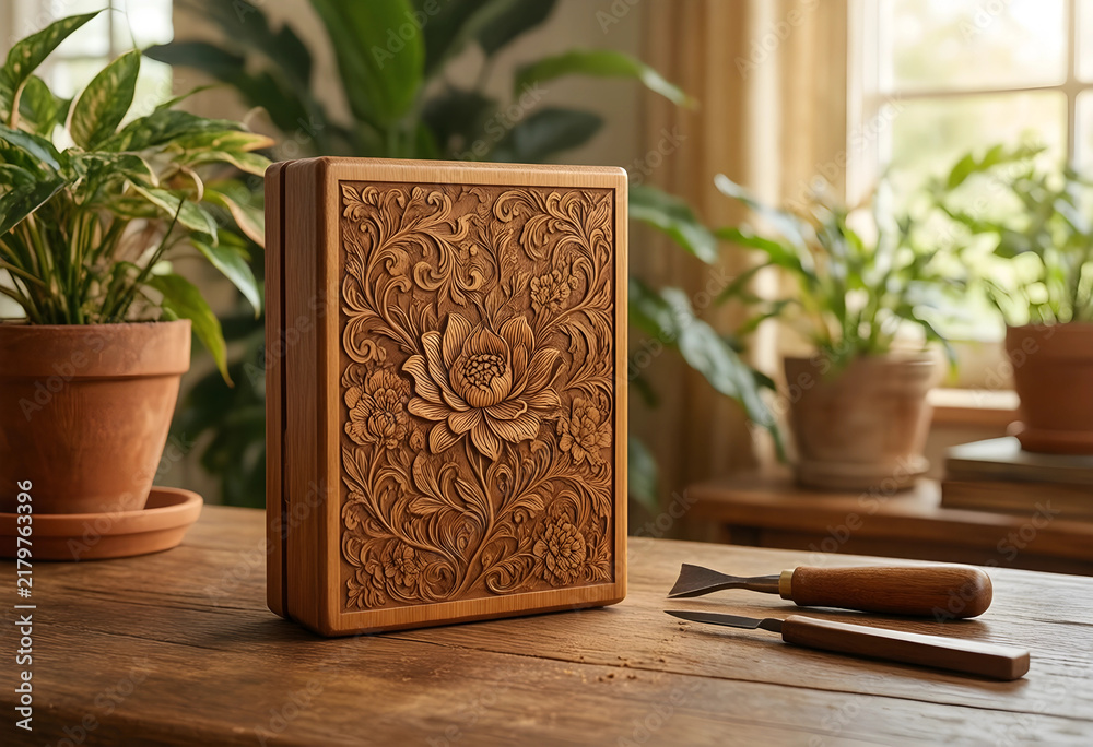 Obraz premium Craftsmanship and artisan woodworking, hand carved wooden box with floral relief pattern and carving tools on a rustic workshop table in a home studio
