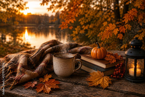 Cozy Autumn Still Life with Hot Drink, Books and Pumpkin by the Lake