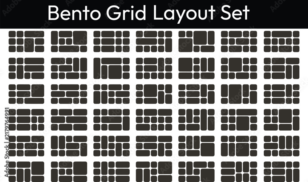 Fototapeta premium Bento Grid Layout Set – Square Box and Geometric Grid Templates for Photo Galleries, Presentations, Modern Collages and Creative Projects, Vector Illustration