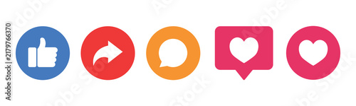 Like, Comment, Share and Reaction Icon Collection, Thumbs Up, Love Heart, Social Media Notification and Engagement Symbols Vector Illustration.