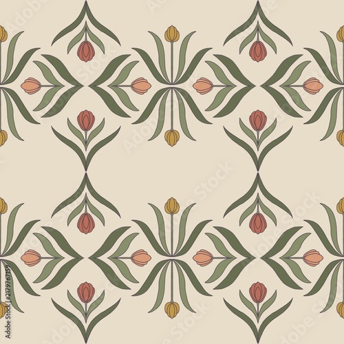 Seamless symmetrical folk floral pattern featuring stylised tulip buds and sweeping botanical leaves in olive green, terracotta, apricot and antique ochre on a warm parchment backgrou