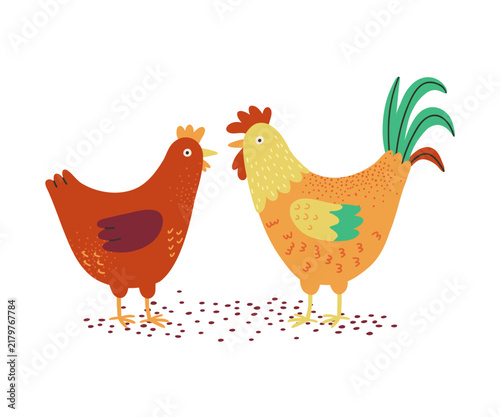 A cute, hand-drawn illustration of a yellow rooster and red chicken. The character is a farm bird suitable for children's books, posters, stickers, and educational projects.