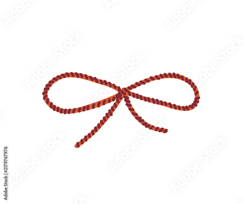 Red rope bow. Elegant fabric decor for gift. Knot tie, coquette girlish lace, textile decoration.