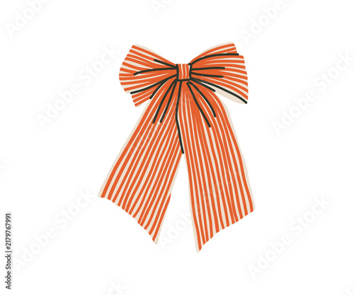 White and red striped ribbon bow, hair style accessory. Knot tie, coquette girlish lace, textile decoration. Elegant fabric decor for gift.