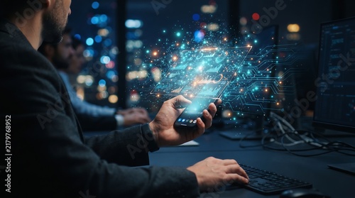 Businessman in a suit using a smartphone that projects a holographic handshake partnership icon upward, futuristic business technology concept, digital transformation