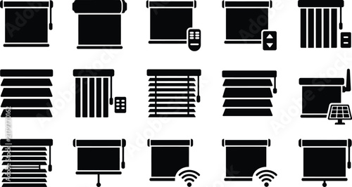 Window treatment icon set with blinds shades and smart control symbols for interior design