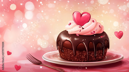 Chocolate cake with chocolate glaze and red heart on a plate with fork and pink background white plate silver fork sweet dessert valentines day