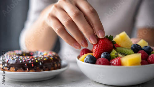 Close-up hand choosing fresh fruit over sugary snack, macro shot, emotional decision, wellness aesthetic