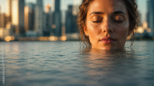 Calm face rising from still water with a softly blurred city skyline, capturing inner peace, clarity, balance, and mindful urban wellness