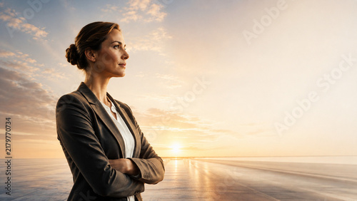 Calm professional standing at sunrise, symbolizing confidence, clarity, growth, determination, and a positive future