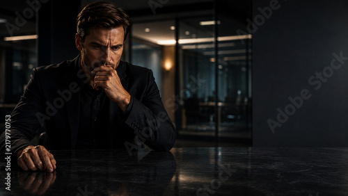 A thoughtful executive sits alone in a dark modern office, creating a mood of focus, tension, and reflection
