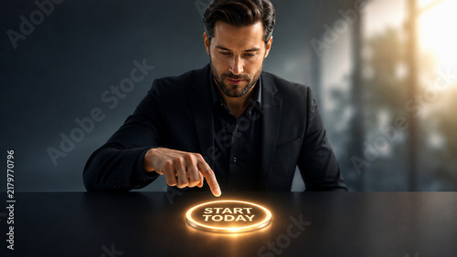 Focused executive reaching toward a glowing start today button, symbolizing commitment, motivation, and the first step