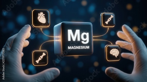 Infographic chart showing the health benefits and functions of magnesium with vector icons.