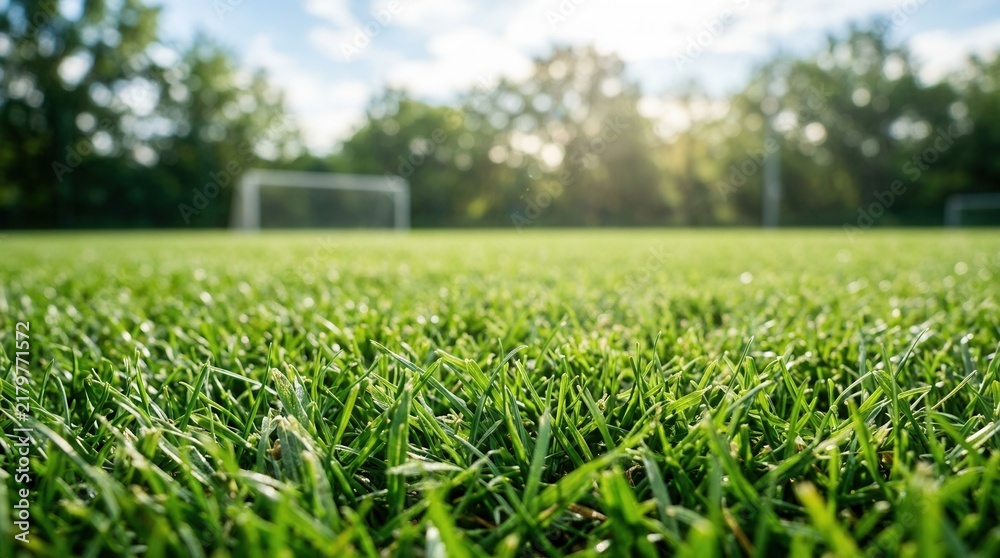 Obraz premium Close-up view of green grass on a professional soccer field with blurred goalposts and trees.