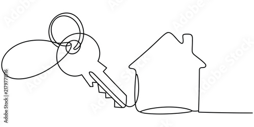 Continuous single line drawing of a house and a key for real estate concept Vector, illustration