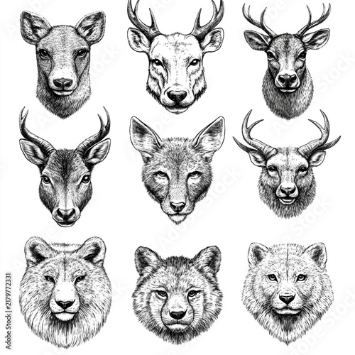 Set of hand-drawn animal heads including deer wolves bears in black and white sketch style deer head wolf head bear head vector set wildlife