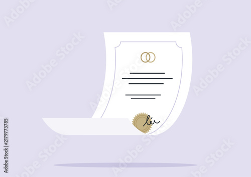 A fine marriage certificate proudly showcased, complete with a golden seal and delicate rings, representing the union of two hearts in a meaningful commitment.