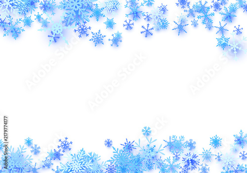 Blue snowflake border decorates the top and bottom edges with winter detail