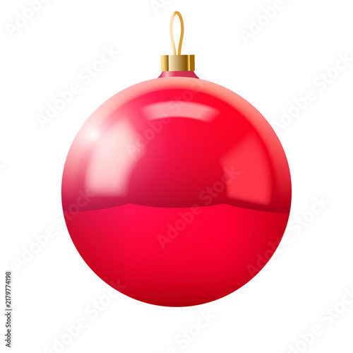 Glossy red Christmas bauble ornament with golden cap and hanging loop