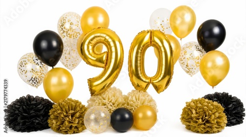 Partydekoration zum 90. Geburtstag mit goldenen Folienballons und Pompons