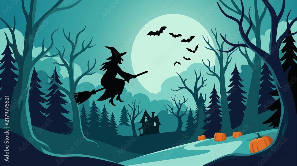 Fototapeta premium Halloween witch flying on broomstick in a spooky forest at night
