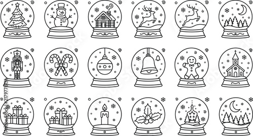 Christmas snow globe line icon set with winter holiday trees snowman gifts reindeer black vectors on white