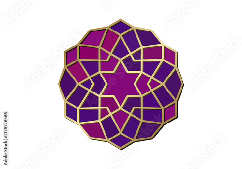 Purple and gold Islamic geometric rosette ornament, isolated on a transparent background, with intricate star and interlace pattern