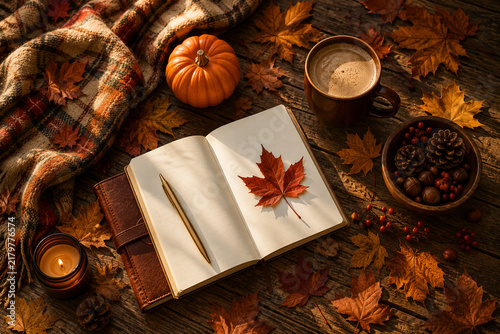 Cozy autumn flat lay with open notebook, pen, hot coffee, pumpkin, candle, plaid blanket and colorful fall leaves on a rustic wooden table. Warm seasonal concept of journaling, planning, relaxation an