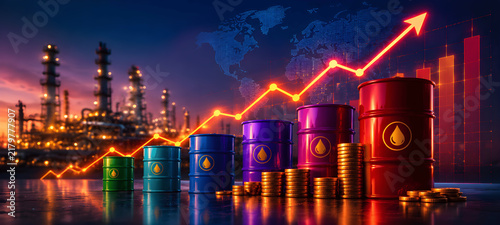 Crude Oil Barrels with Coin Stacks and Oil Refinery Financial Growth Concept