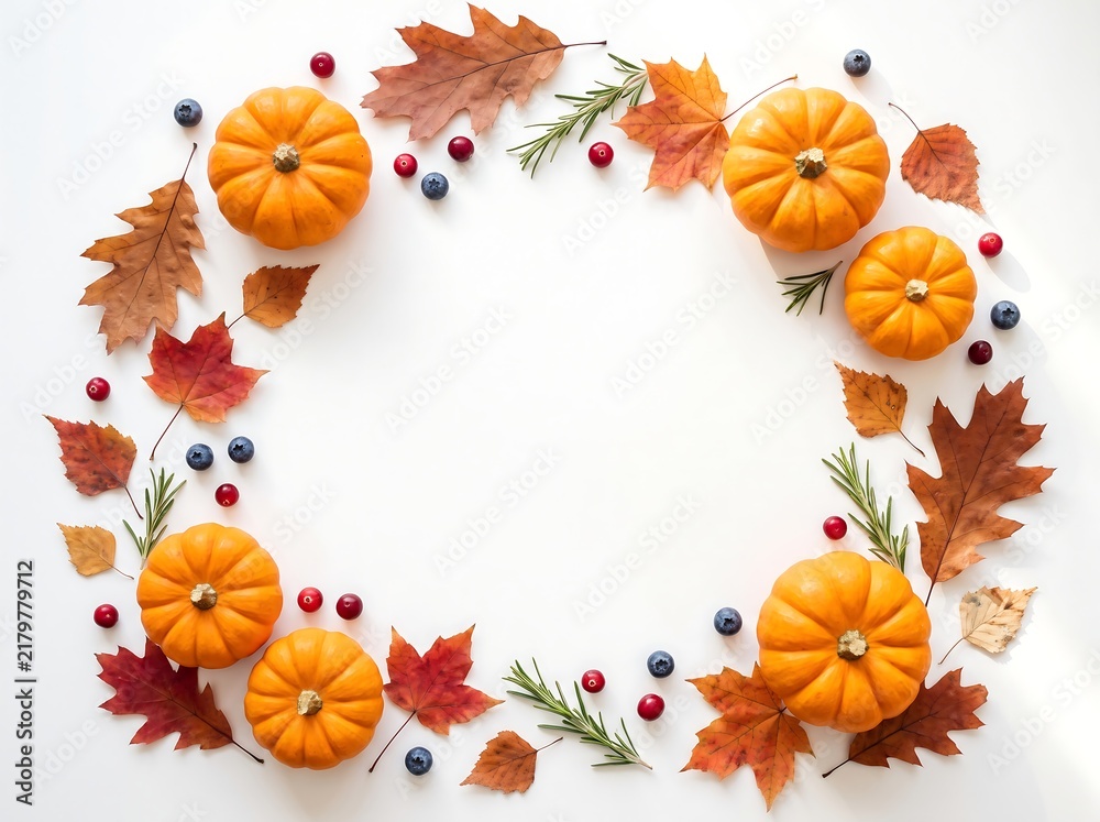Fototapeta premium A festive wreath made of orange pumpkins and colorful autumn leaves on a white background for a happy thanks giving day