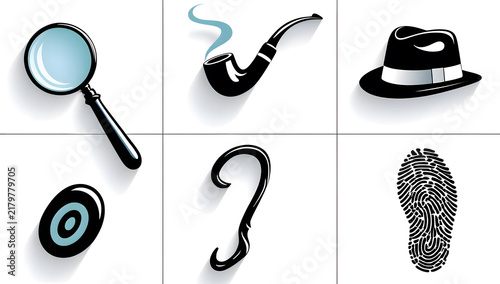 Detective and investigation icons grid vector design with magnifying glass and hat