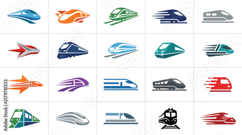 Fotografie Modern High Speed Bullet Train Logo Icon Set with Fast Rail Transit Symbols for