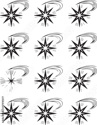 Collection of Shooting Star Icons in Black Silhouette Vector Style for Celestial Fantasy
