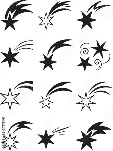 Collection of Shooting Star Icons in Black Silhouette Vector Style for Celestial Fantasy