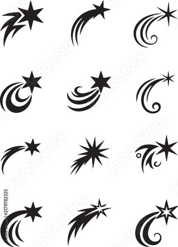 Collection of Shooting Star Icons in Black Silhouette Vector Style for Celestial Fantasy