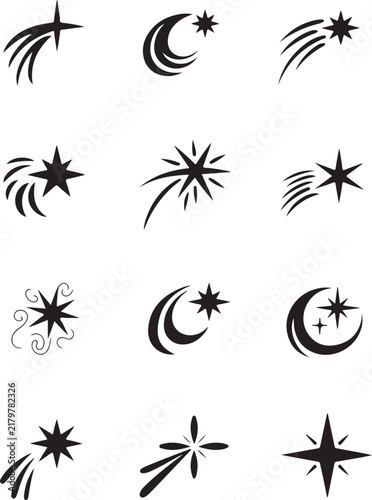 Collection of Shooting Star Icons in Black Silhouette Vector Style for Celestial Fantasy