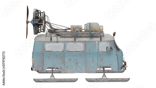 Foto 3d rendering of a vintage vehicle with skis and a propeller mounted