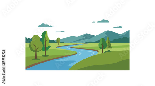 Flat vector illustration of a scenic river valley landscape