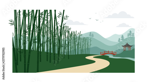 Flat Vector Illustration of a Serene Bamboo Forest Landscape