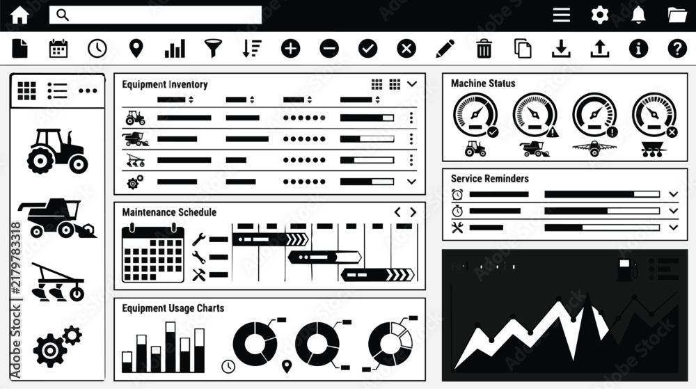 Fototapeta premium Farm equipment management dashboard interface with icons and data visualizations