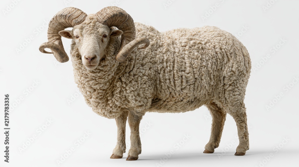 Obraz premium Full body portrait of a ram with large curled horns isolated on white background